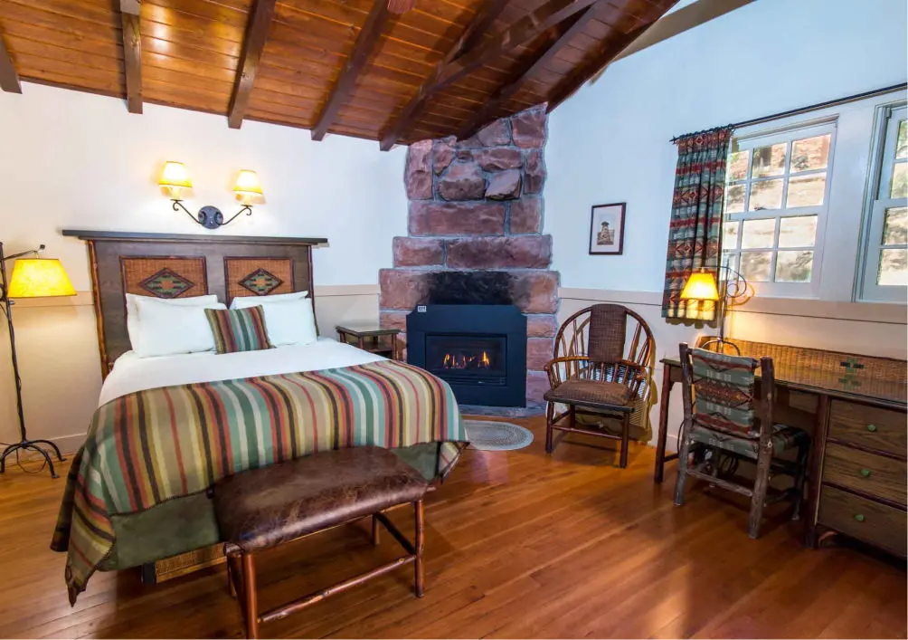 the inside of a zion lodge cabin