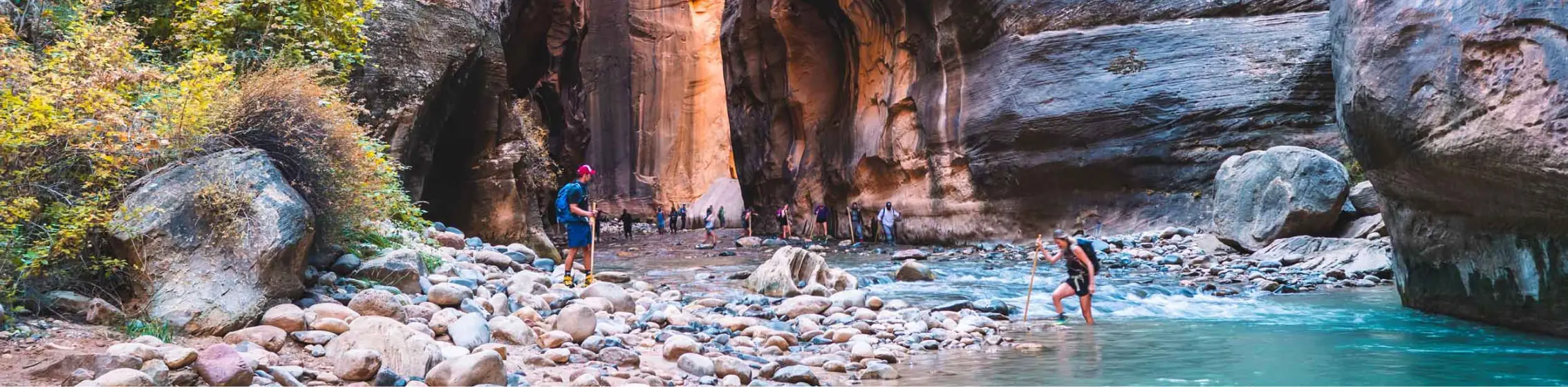 visitors hiking through the narrows at zion
