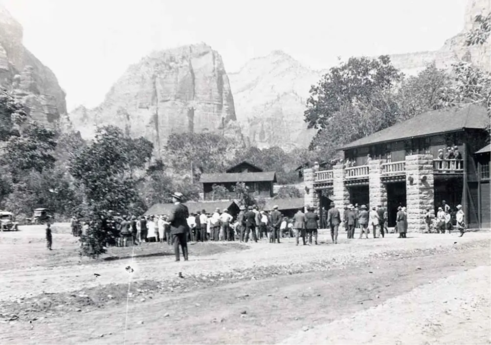 Black and white photo of opening day at zion
