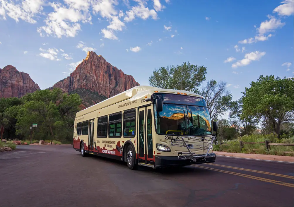 zion canyon line shuttle on the road